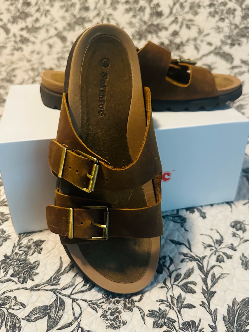 Earthies Brown Double-Buckle Slide Sandals with Gold Buckles